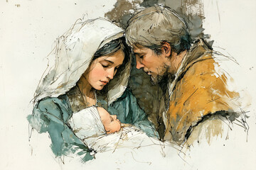 Watercolor illustration of Mary holding baby Jesus, Joseph beside, soft textures, gentle expressive style

