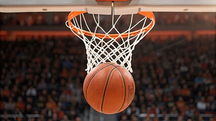 Fototapeta premium Basketball shot at the hoop, sports arena crowd, scoring points