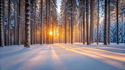 Golden Sunrise in Winter Forest Landscape, Snowy Trees and Sunlight