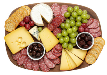 Isolated cheese and charcuterie board featuring variety of cheeses, fruits, and crackers