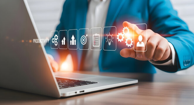 Businessman interacting with digital icons on a futuristic interface