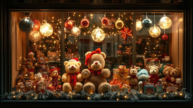Festive shop window displaying vintage teddy bears nestled among wrapped gift boxes, evoking nostalgic holiday shopping charm and seasonal warmth