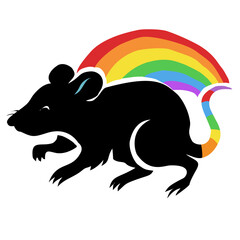 Stylized black rat silhouette with a colorful rainbow tail, symbolizing diversity, pride, and unity in a bold minimalist vector design.
