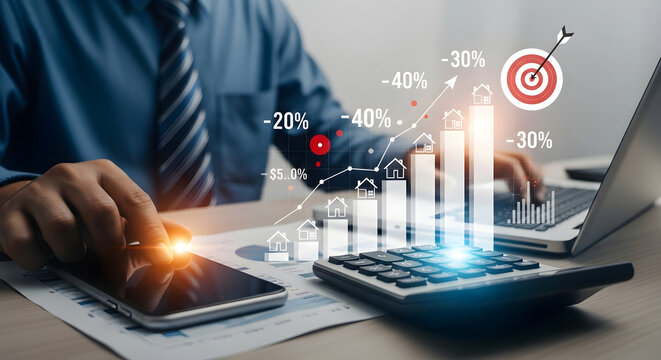 Businessman analyzing financial growth charts and data on a digital interface