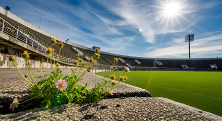 Fototapeta premium Empty stadium seating with green field and bright sunlight