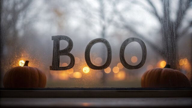 Cozy Halloween Window Display with Pumpkins and Boo Text
