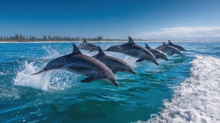 Fototapeta premium Pod of dolphins leaping in blue ocean along scenic coastline