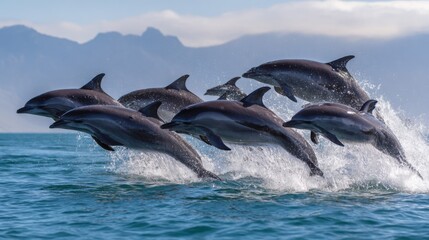Fototapeta premium Group of dolphins leaping in ocean against mountainous backdrop