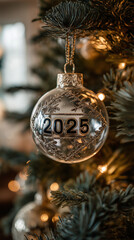 Décoration de Noël avec une boule de Noël marquée 2025 dans un sapin illuminé