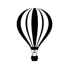 Fototapeta premium Silhouette of a hot air balloon with vertical stripes and a basket hanging below in black and white
