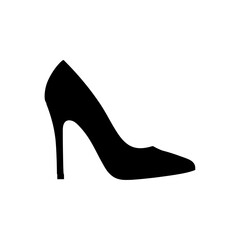 A black silhouette of a high heel shoe with a pointed toe facing to the right on a white background