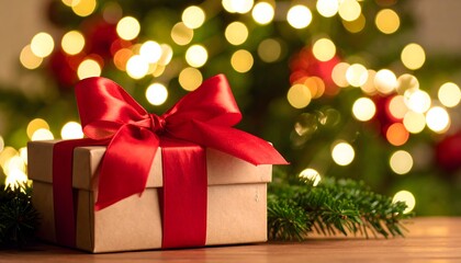 Obraz premium Christmas Gift Box with Red Satin Bow and Pine Sprigs, Space for Text on Rustic Wooden Table with Blurred Festive Lights