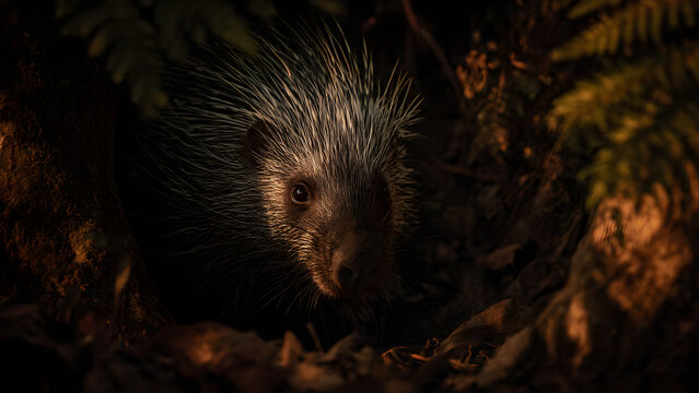 A spiny mammal peeks from its burrow in warm low light, showcasing sharp quills and intimate nocturnal detail.