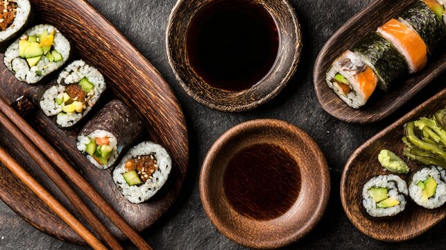 Savor exquisite sushi rolls brimming with fresh avocado and salmon, artfully presented with soy sauce and wasabi for an authentic Japanese dining experience.