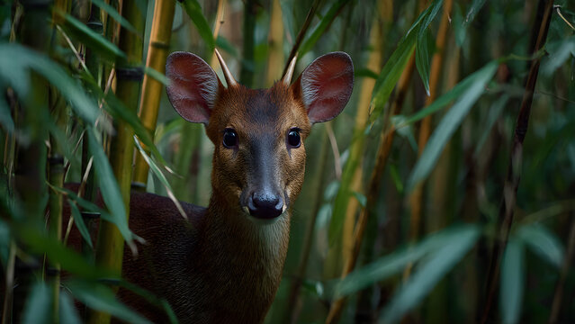 A small forest deer peers through tall reeds, captured with tight focus on the eyes and soft green bokeh background.