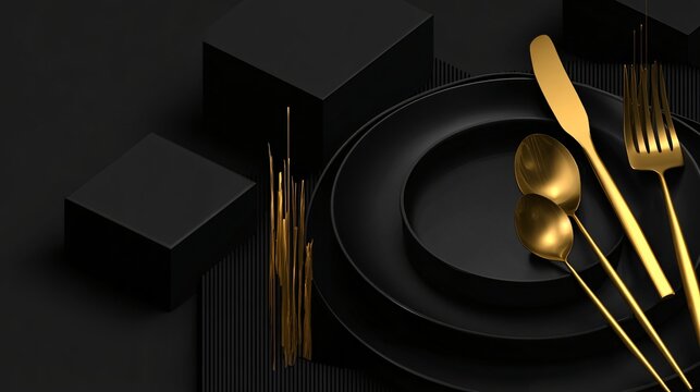 Elegant black and gold cutlery set on dark modern plates, perfect for luxury dining and sophisticated event styling