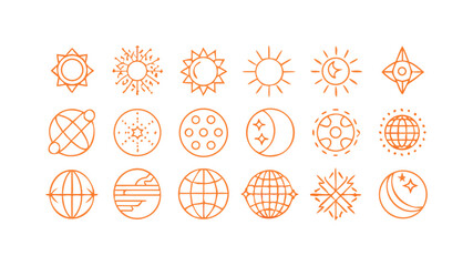 Set of sun moon star globe planet vector icons celestial space astrology astronomy graphic design elements 100