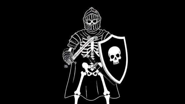 Cartoon Skeleton Knight - A black and white cartoon illustration of a skeleton knight in full armor, holding a sword and shield emblazoned with a skull.