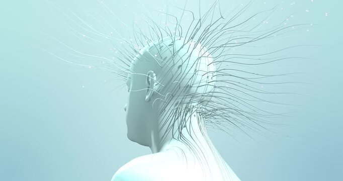 Artificial human mind visualization with glowing cables and digital circuits. Technology and science related 3d animation.