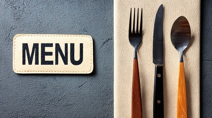 Elegant leather menu tag rests beside polished silverware a fork knife and spoon on a textured surface creating a sophisticated dining ambiance