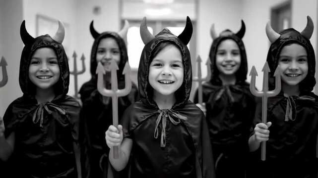Happy Devil Children in Black and White - A group of smiling children dressed in devil costumes hold toy tridents.