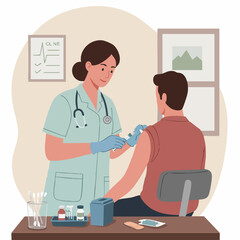Obraz premium A female nurse wearing gloves administers a vaccine injection into the arm of a male patient in a doctor's office