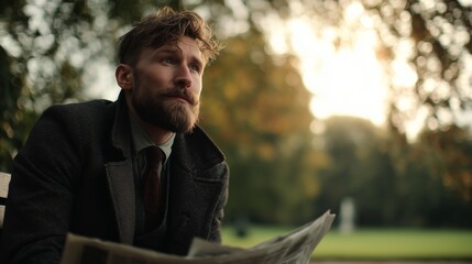 A man sits on a park bench, holding a newspaper while the newspaper rests in his hands. Trees in the park surround the man as he reads the newspaper during sunset.