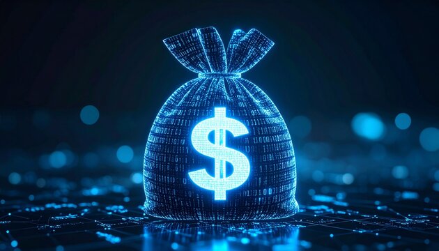 Digital money bag glowing with binary code offers secure virtual currency solutions now