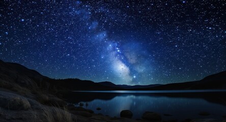 Fototapeta premium Starlit sky over lake, dark rocks and shore in foreground. Night scene