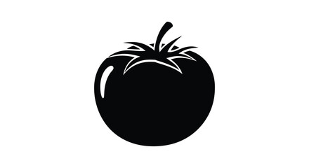 Bold silhouette of a ripe tomato with stem and leaves ideal for food designs silhouette