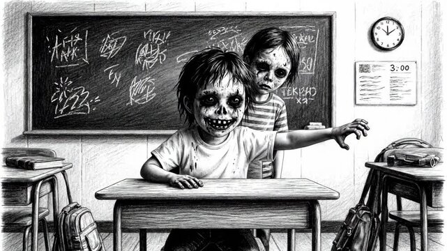 Zombie Kids Classroom Sketch - A chilling black and white drawing depicts two children with zombie-like makeup in a classroom setting.