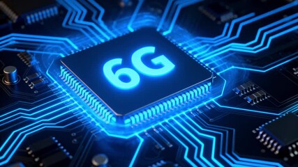 Futuristic 6G microchip glowing on motherboard as data flows through neon circuits, high speed wireless technology concept for next generation connectivity and network innovation - Powered by Adobe