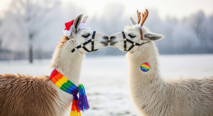 Two adorable llamas dressed for Christmas in snow, wearing rainbow pride scarf, Santa hat, and love badge, symbolizing LGBTQ joy and celebration.