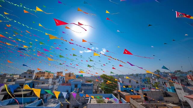 Colorful kites and vibrant banners fill the sky over a bustling town during a lively celebration