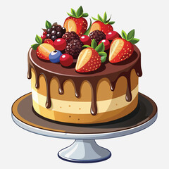Realistic Cake Illustration,Chocolate and Berry Dessert Cake Vector,Fresh Fruit Cake Vector,Tasty Dessert Cake Illustration,