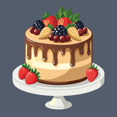 Realistic Cake Illustration,Chocolate and Berry Dessert Cake Vector,Fresh Fruit Cake Vector,Tasty Dessert Cake Illustration,