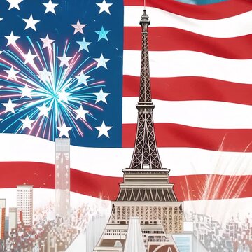 Stylized Patriotic Celebration Concept with American Flag and Eiffel Tower.