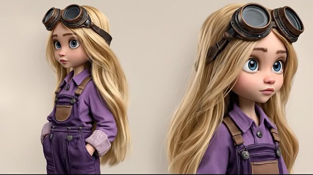 A girl wears goggles and purple overalls which accentuate the girl's flowing hair. The girl's goggles and overalls contribute to a distinct appearance.