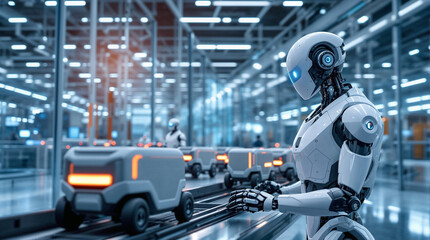 Fototapeta premium Humanoid robot oversees high tech factory assembly line for autonomous delivery units