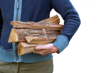 Man carrying firewood logs in autumn isolated on white or transparent background, png
