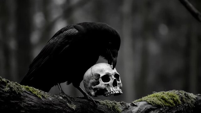 Raven and Skull in Dark Forest - A black raven perched on a mossy branch in a dark forest, looking down at a human skull. The monochrome palette enhances the dramatic and mysterious atmosphere.