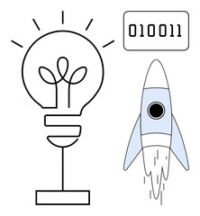 Rocket launching symbolizing innovation, bulb for creativity, binary code for technology. Ideal for innovation, creativity, tech development, startup, progress education exploration. A simple flat