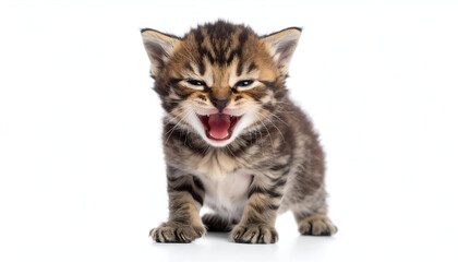 Obraz premium A kitten having its nails done by a mouse nail technician, isolated in white background