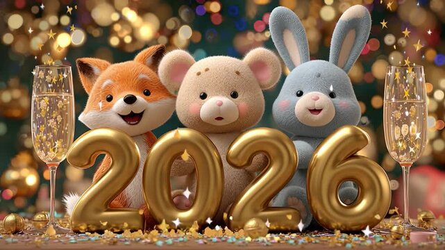 Cute animal figures celebrate New Year 2026 with sparkling drinks and colorful decorations in a festive atmosphere