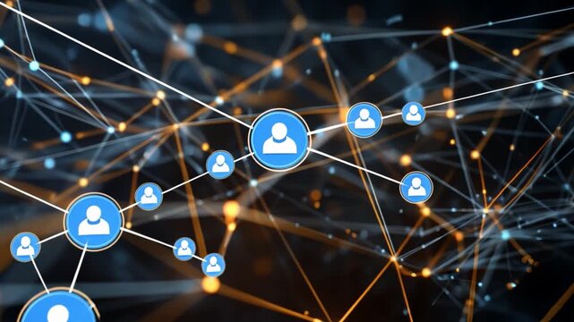 Abstract network of glowing lines, a scene of a Financial Network and a Crypto Symbol.