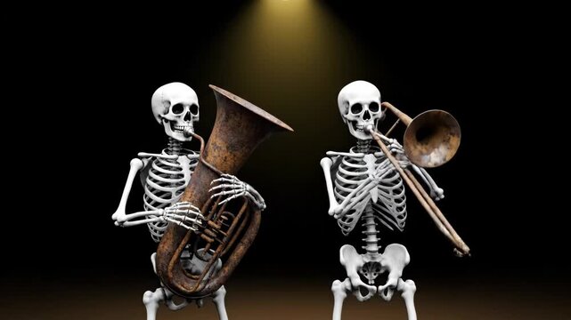 Skeleton Musicians Playing Brass Instruments - Two skeletons are playing aged brass instruments under a single spotlight against a black background.