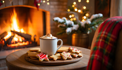 A hot cup of coffee with Christmas cookies on a plate makes a sweet breakfast dessert on a cafe table