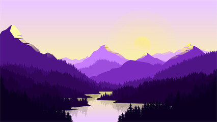 Flat Design Purple Mountain Range at Sunset