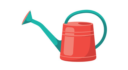 A bright red watering can with a teal handle is ready for garden tasks.