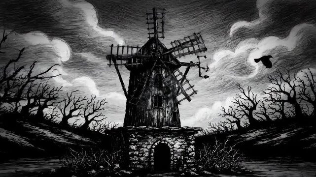 Haunted Windmill Sketch - A black and white sketch depicting an old, ominous windmill silhouetted against a stormy sky.